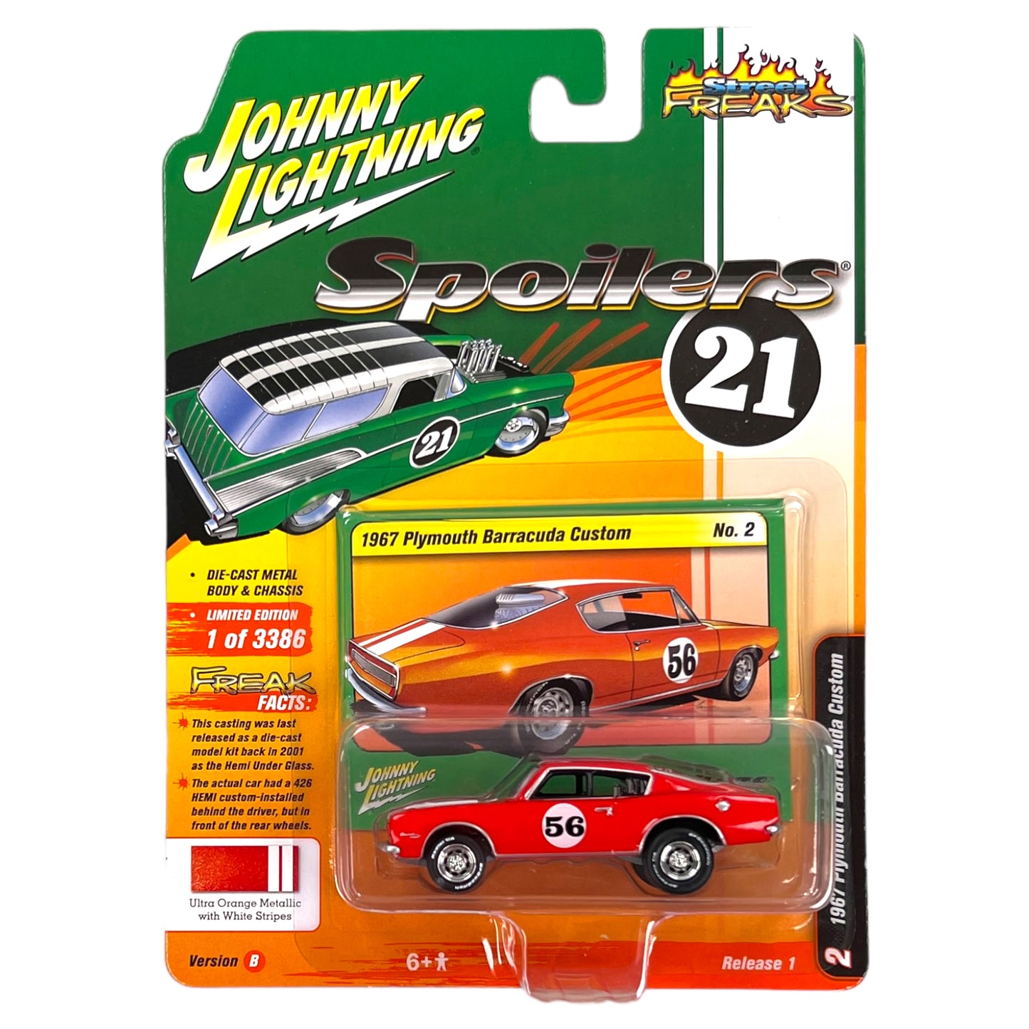 Johnny Lightning - Street Freaks - 1967 Plymouth Barracuda Custom (Spoilers), ultra orange - 1:64