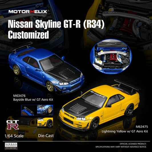 Motorhelix - Pre-Order - Nissan Skyline GT-R (R34) Customized with GT Aero Kit, bayside blue - M63476