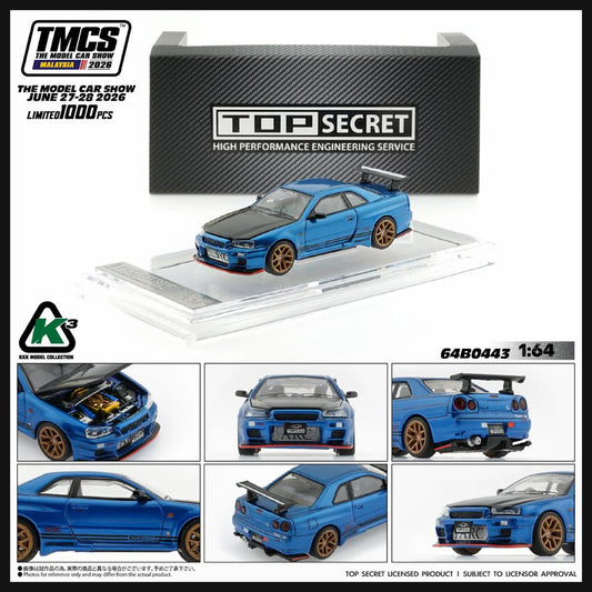 BM Creations - Pre-Order - TOP SECRET Nissan Skyline GT-R (R34) Striking Blue - TMCS 2026 Event Model - 64B0443