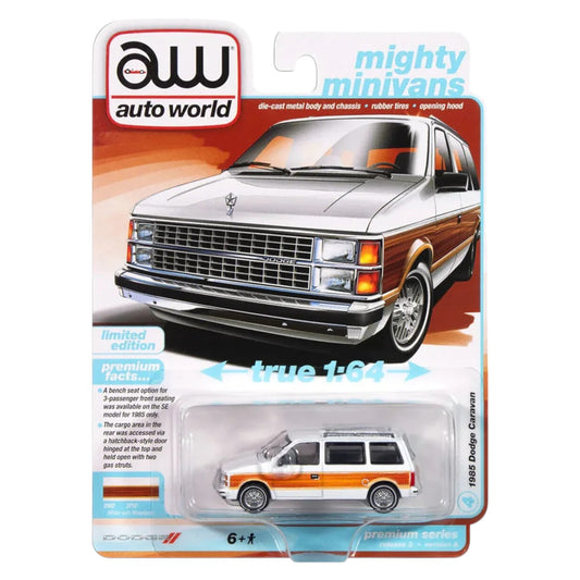 Autoworld - 1985 Dodge Caravan, DW2 White with Woodgrain Sides & Rear - 1:64 - AWSP167A