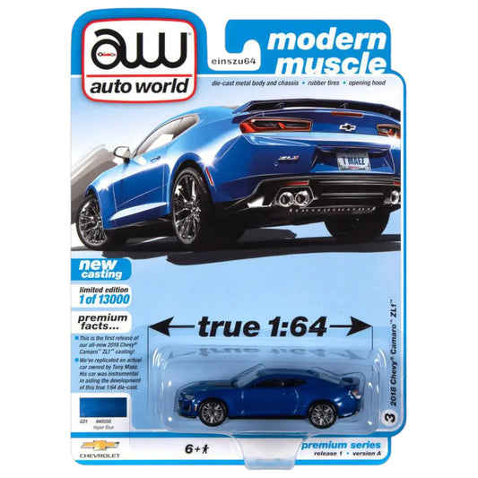 AUTO WORLD - 2018 Chevrolet Camaro ZL1, hyper blue metallic - 1:64 - AWSP059A
