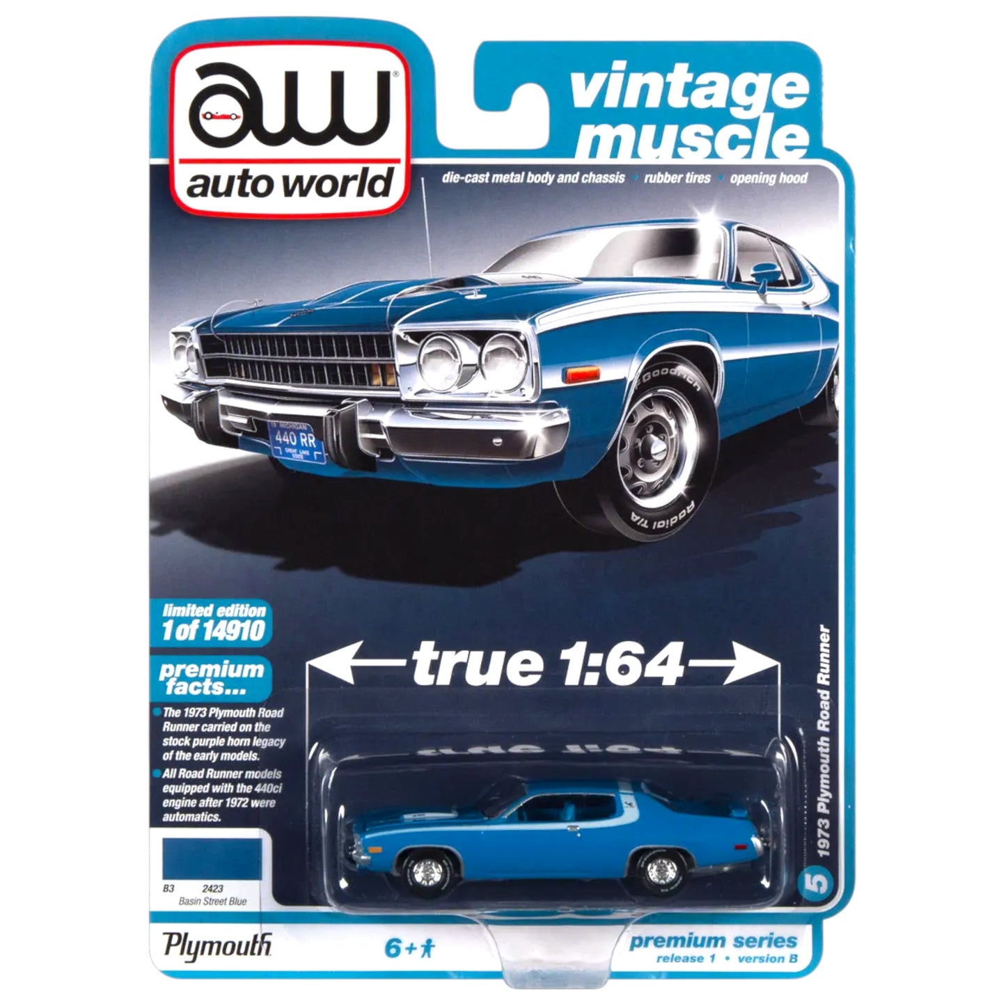 Auto World - 1973 Plymouth Road Runner, bassin street blue - AWSP096B
