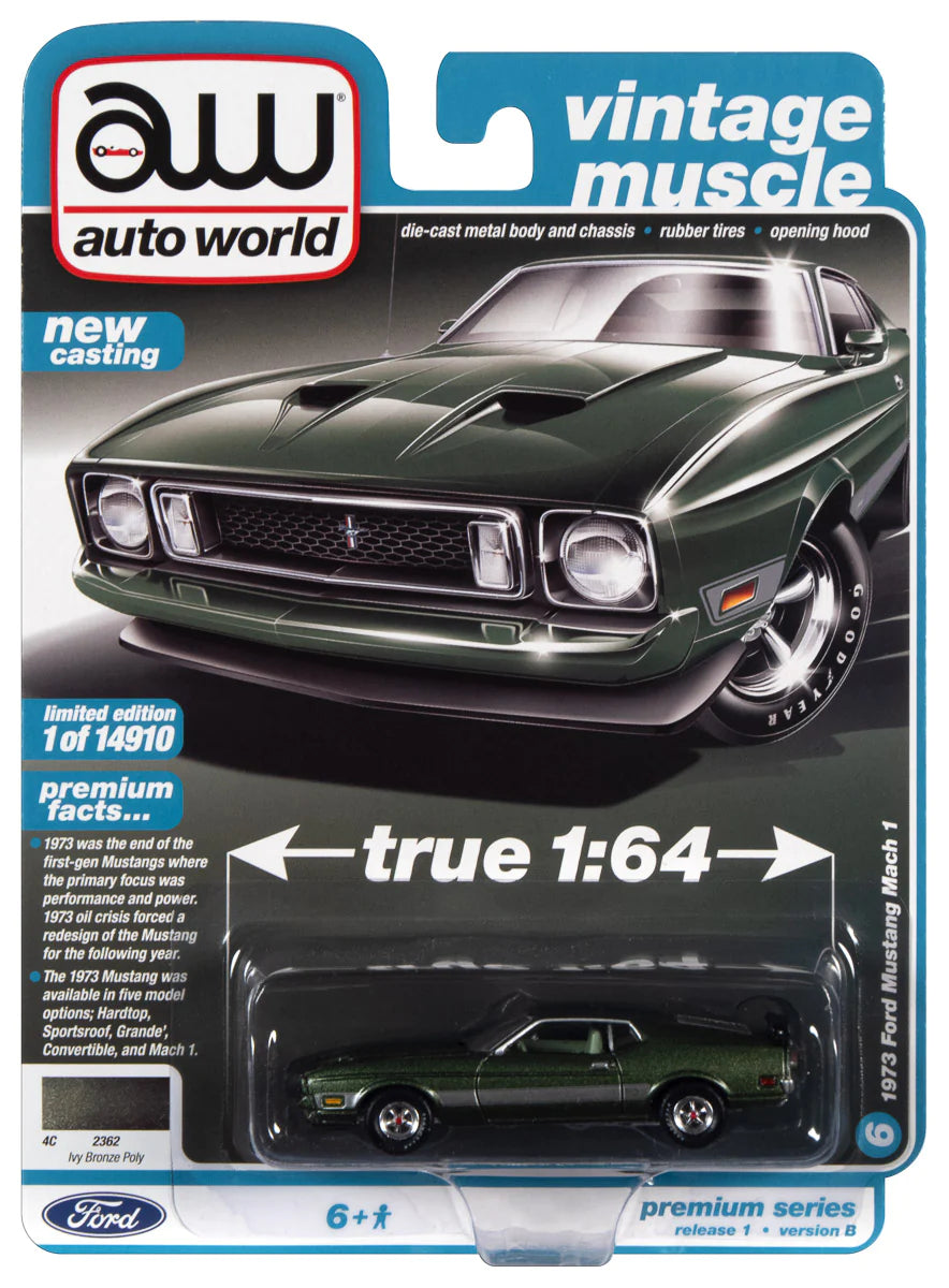 AUTO WORLD - 1973 FORD MUSTANG MACH 1 - IVY GLOSS POLY - 1:64 - AWSP099B
