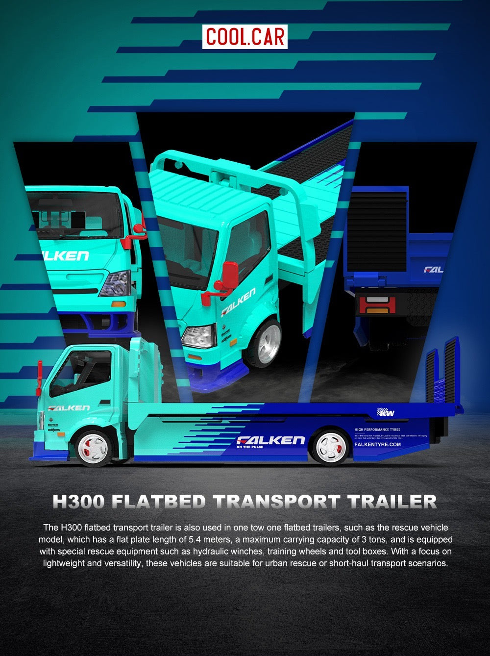 CoolCar - Pre-Order - H300 flat transport trailer, Falken blue - CC647232