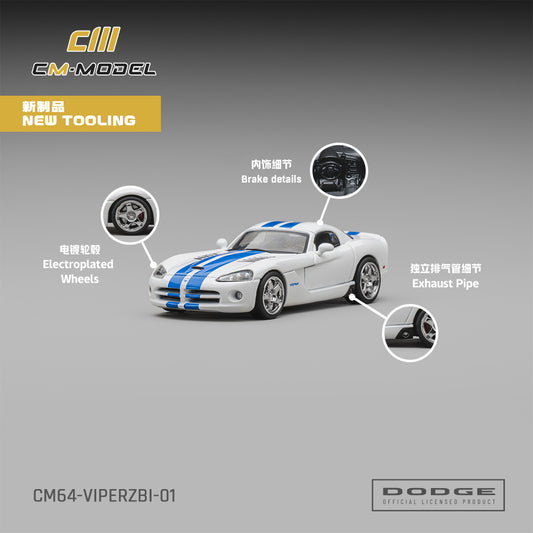 CM Model - Pre-Order - Dodge Viper (ZBI) Stone White Whit Blue Racing Stripes - CM64-VIPERZBI-01
