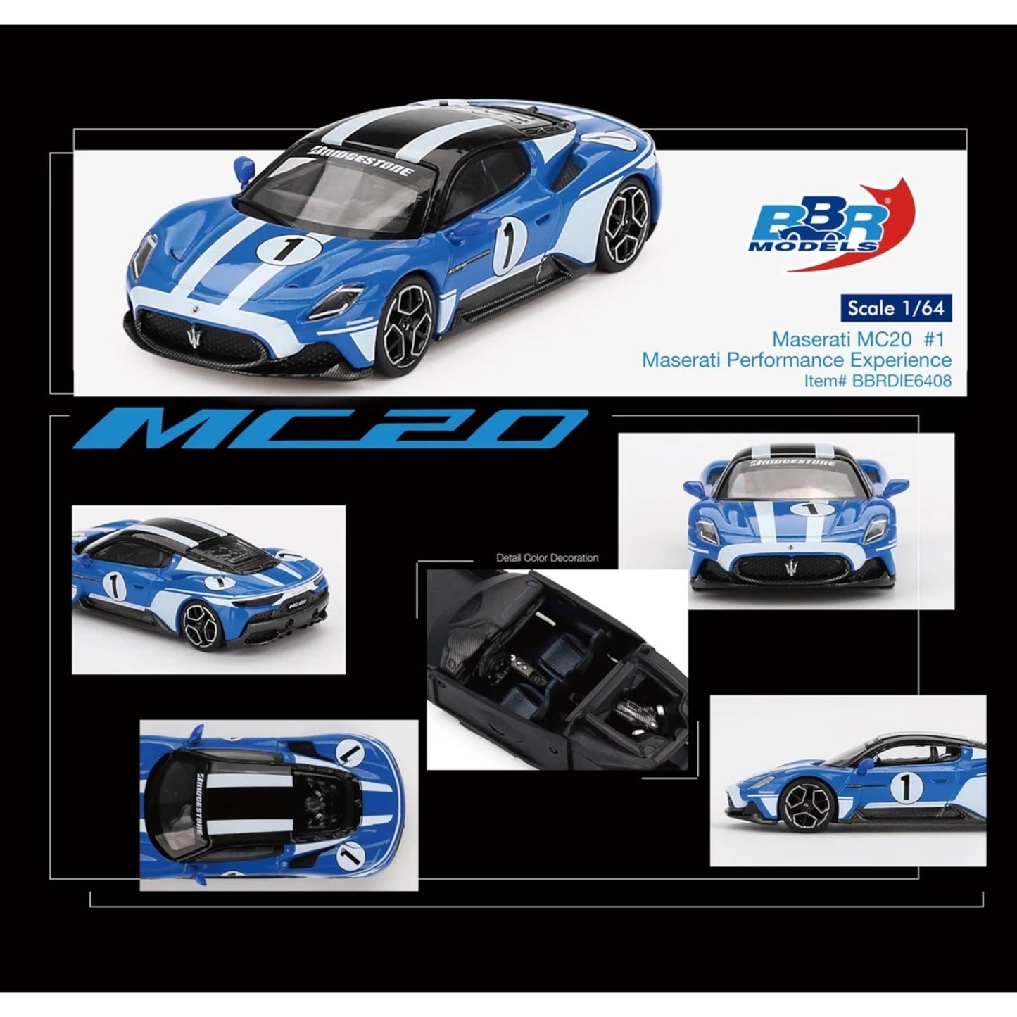 BBR - Pre-Order - 2023 Maserati MC20 #1 Performance Experience, blue/white - BBRDIE6408 - 1:64