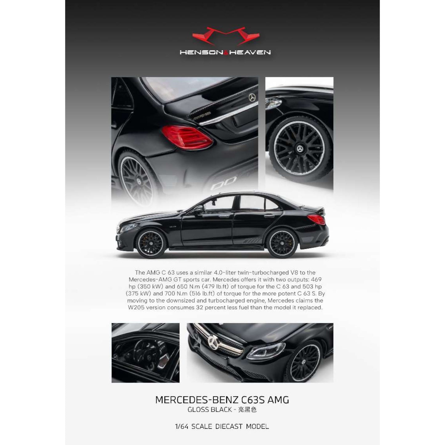 Henson & Heaven - Pre-Order - AMG C63 W205, Gloss Black - HH64-C63-W205-BLK