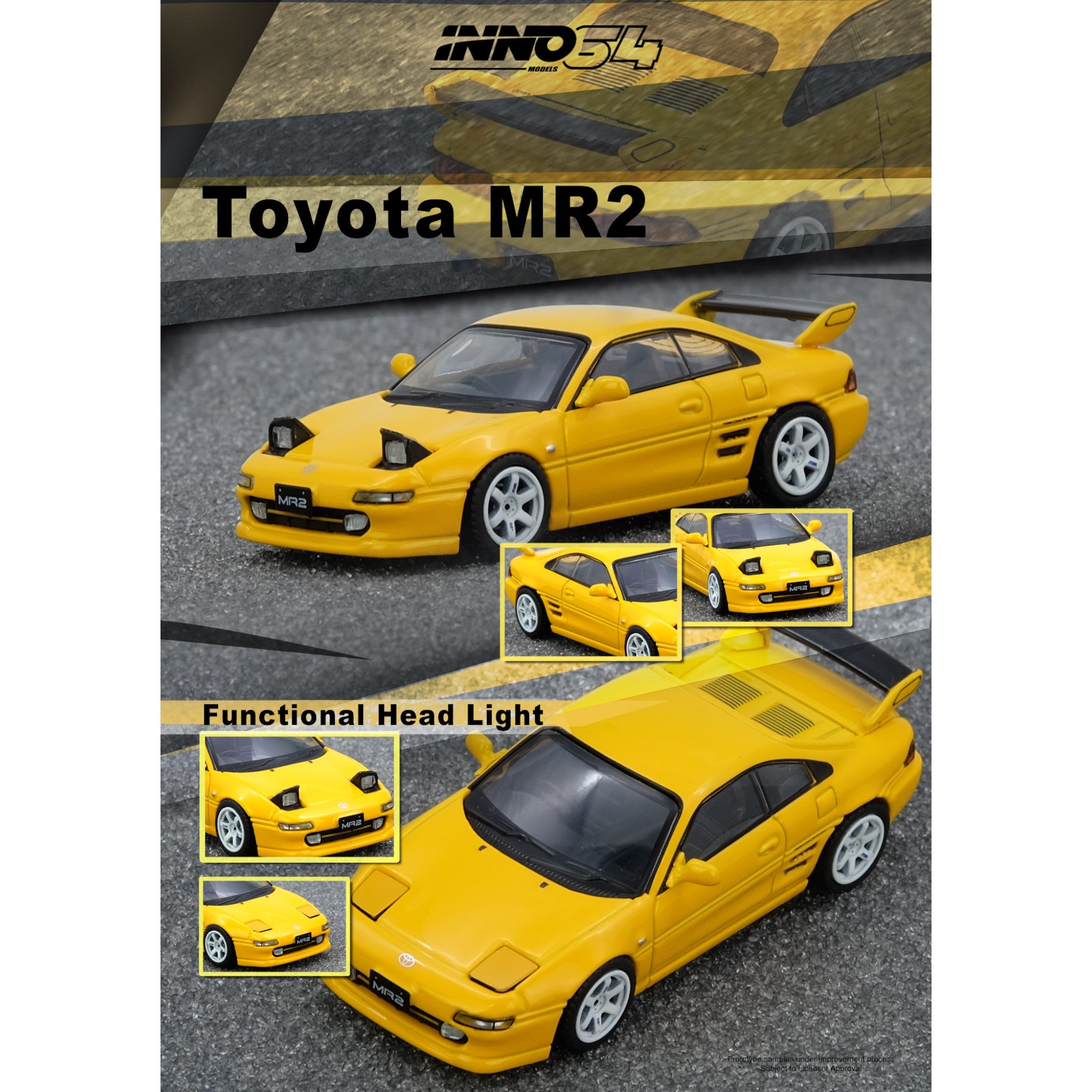 INNO64 - Pre-Order - Toyota MR2, yellow with Functional Head Light - IN64-MR2-YL