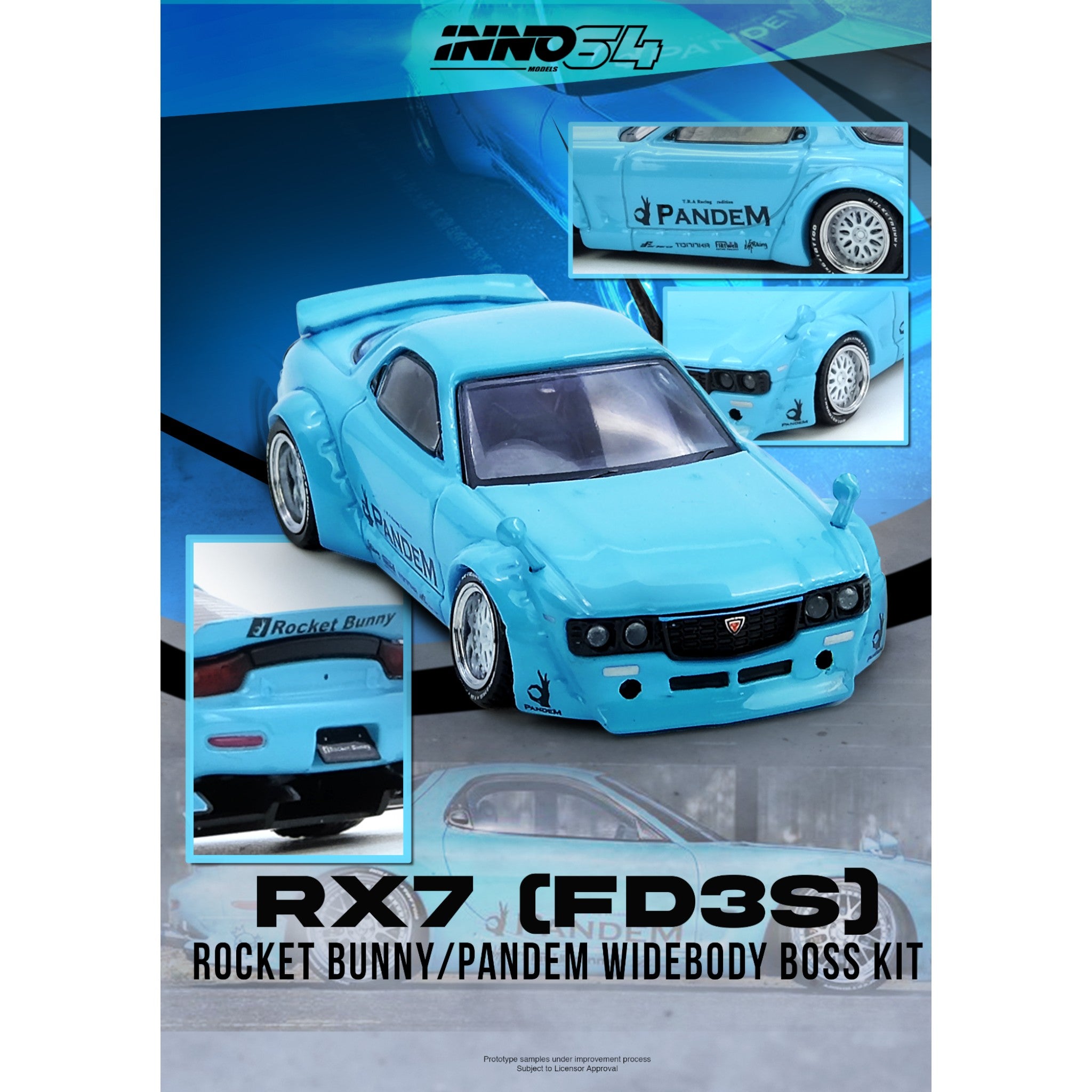 INNO64 - Pre-Order - Mazda RX7 (FD3S) Rocket Bunny / Pandem Widebody Boss Kit - IN64-RX7FDP-TIFBLU