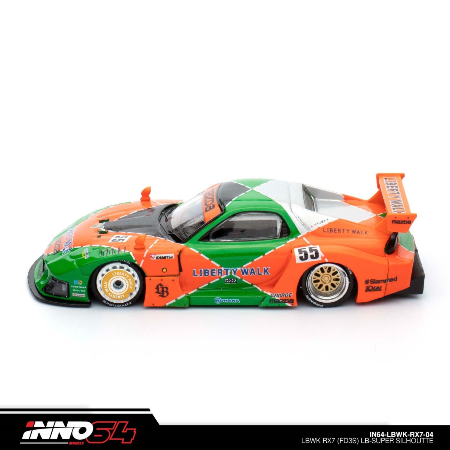INNO64 - LBWK Mazda RX7 (FD3S) LB Super Silhouette, green/orange - 1:64 - IN64-LBWK-RX7-04