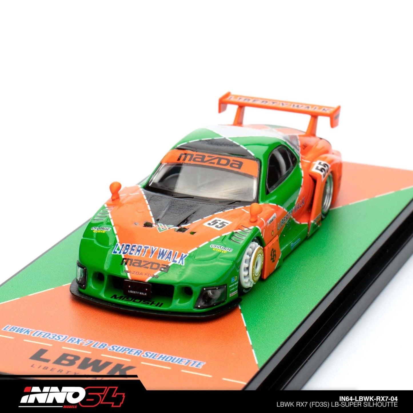INNO64 - LBWK Mazda RX7 (FD3S) LB Super Silhouette, green/orange - 1:64 - IN64-LBWK-RX7-04