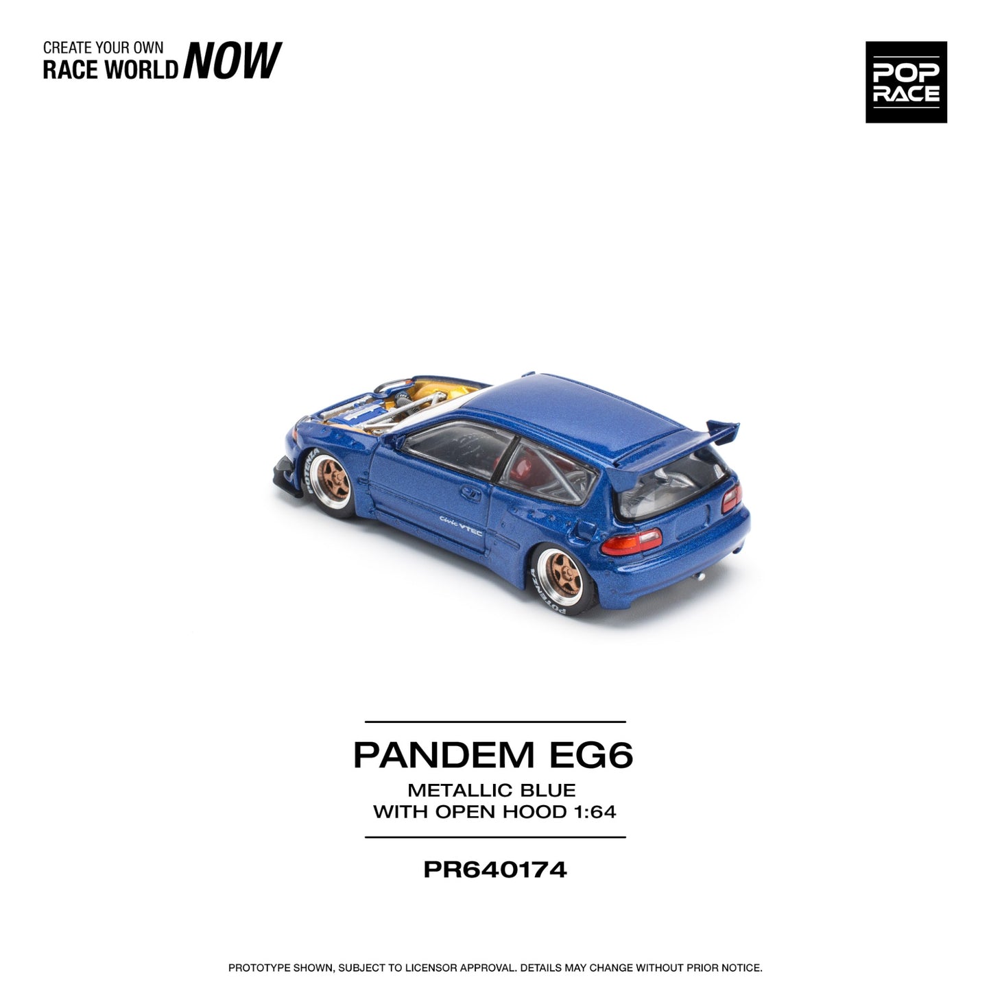 Pop Race - Pre-Order - Pandem Civic EG6, metallic blue with open hood - PR640174