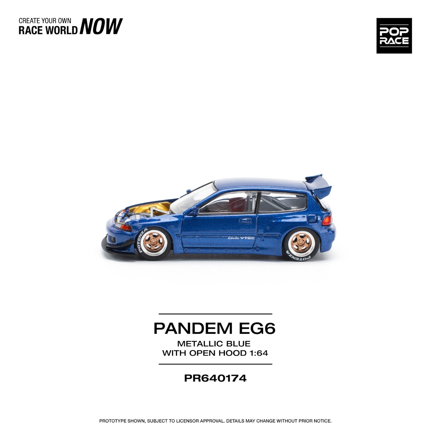 Pop Race - Pre-Order - Pandem Civic EG6, metallic blue with open hood - PR640174