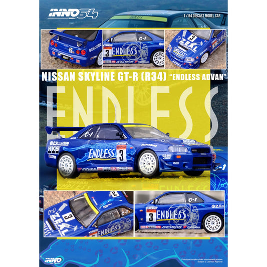 INNO64 - Pre-Order - Nissan Skyline GT-R (R34) #3 "ENDLESS ADVAN" - IN64-R34-STS02W