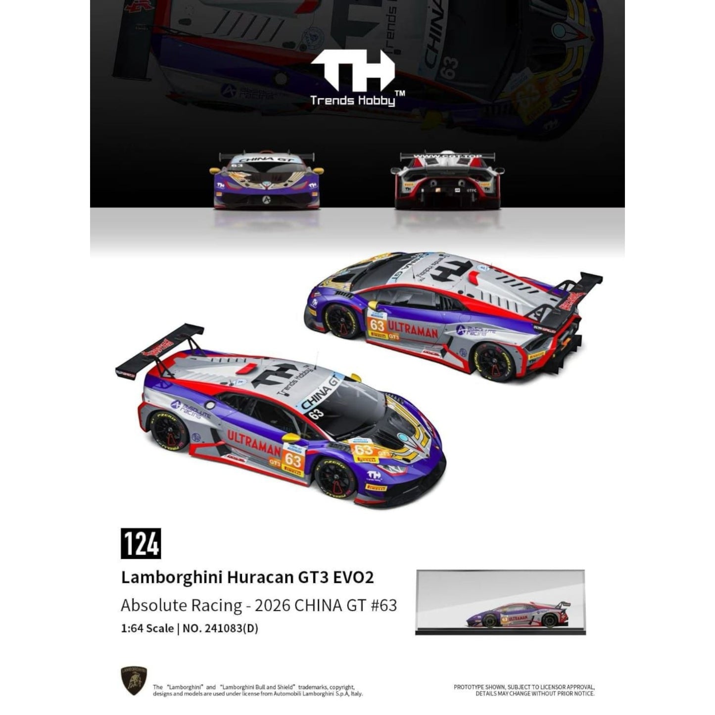 Trends Hobby - Pre-Order - Lamborghini Huracan GT3 EVO2, Absolute Racing - 2026 China GT #63 - 241083-D
