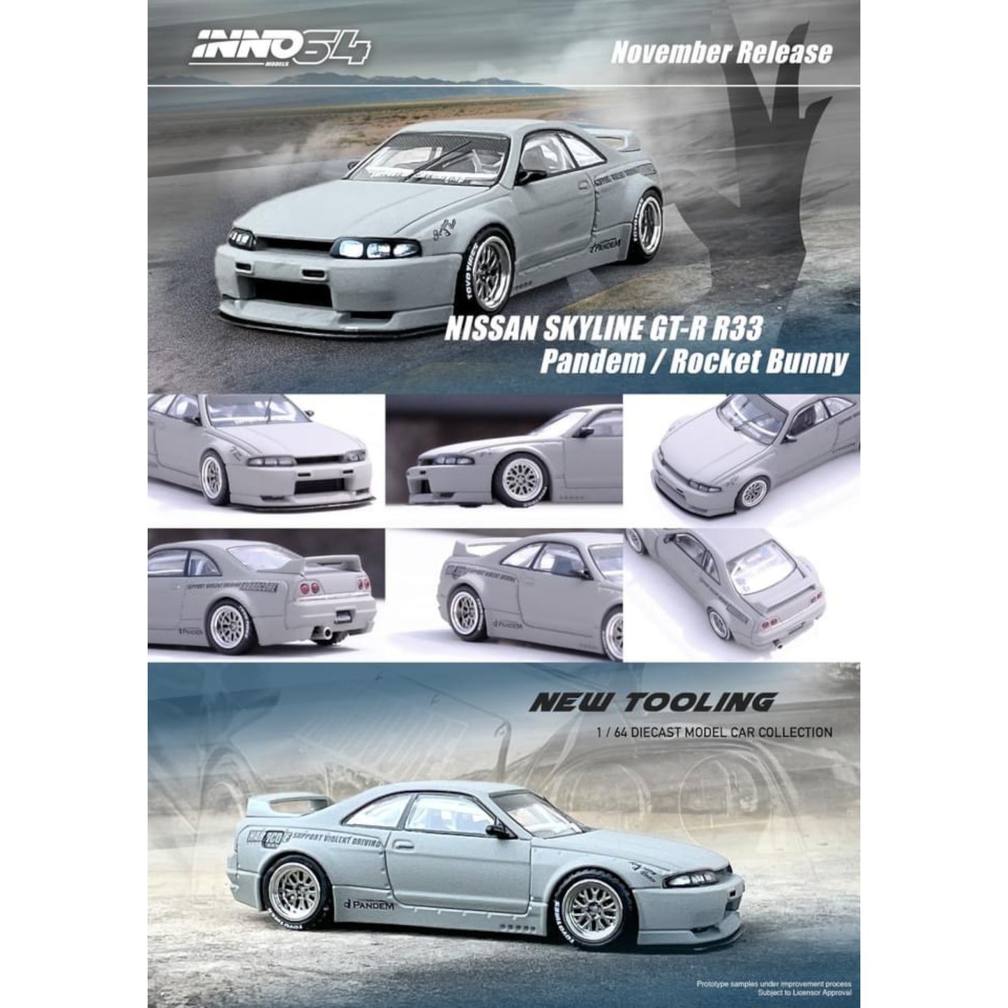 INNO64 - Nissan Skyline GT-R (R33) Pandem Rocket Bunny, cement grey matt - 1:64 - IN64-R33P-CGM