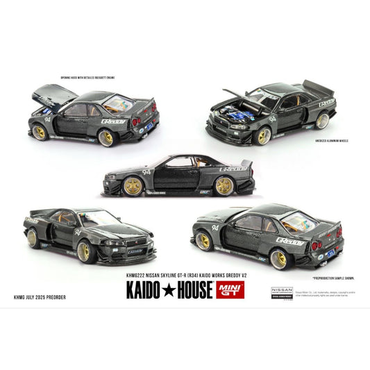 Mini GT Kaido House - Pre-Order - Nissan Skyline GT-R (R34) Kaido Works GReddy V2 - KHMG222