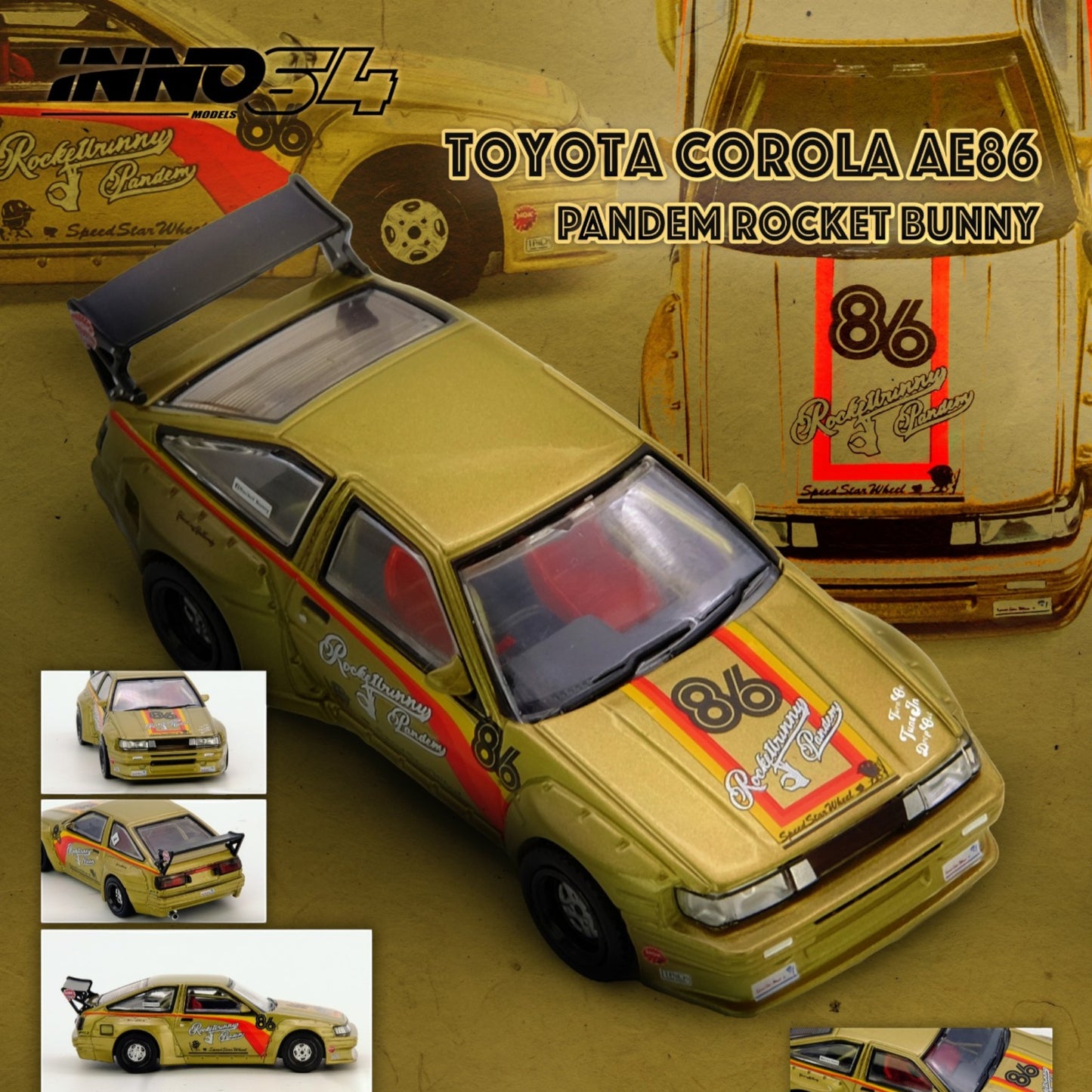 INNO64 - Pre-Order - Toyota Corolla AE86 PANDEM ROCKET BUNNY - IN64-AE86P-GLD