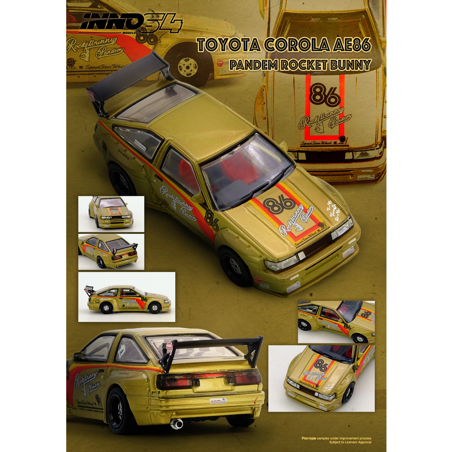INNO64 - Pre-Order - Toyota Corolla AE86 PANDEM ROCKET BUNNY - IN64-AE86P-GLD