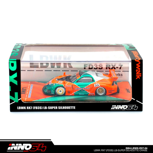 INNO64 - LBWK Mazda RX7 (FD3S) LB Super Silhouette, green/orange - 1:64 - IN64-LBWK-RX7-04 - Chase Car