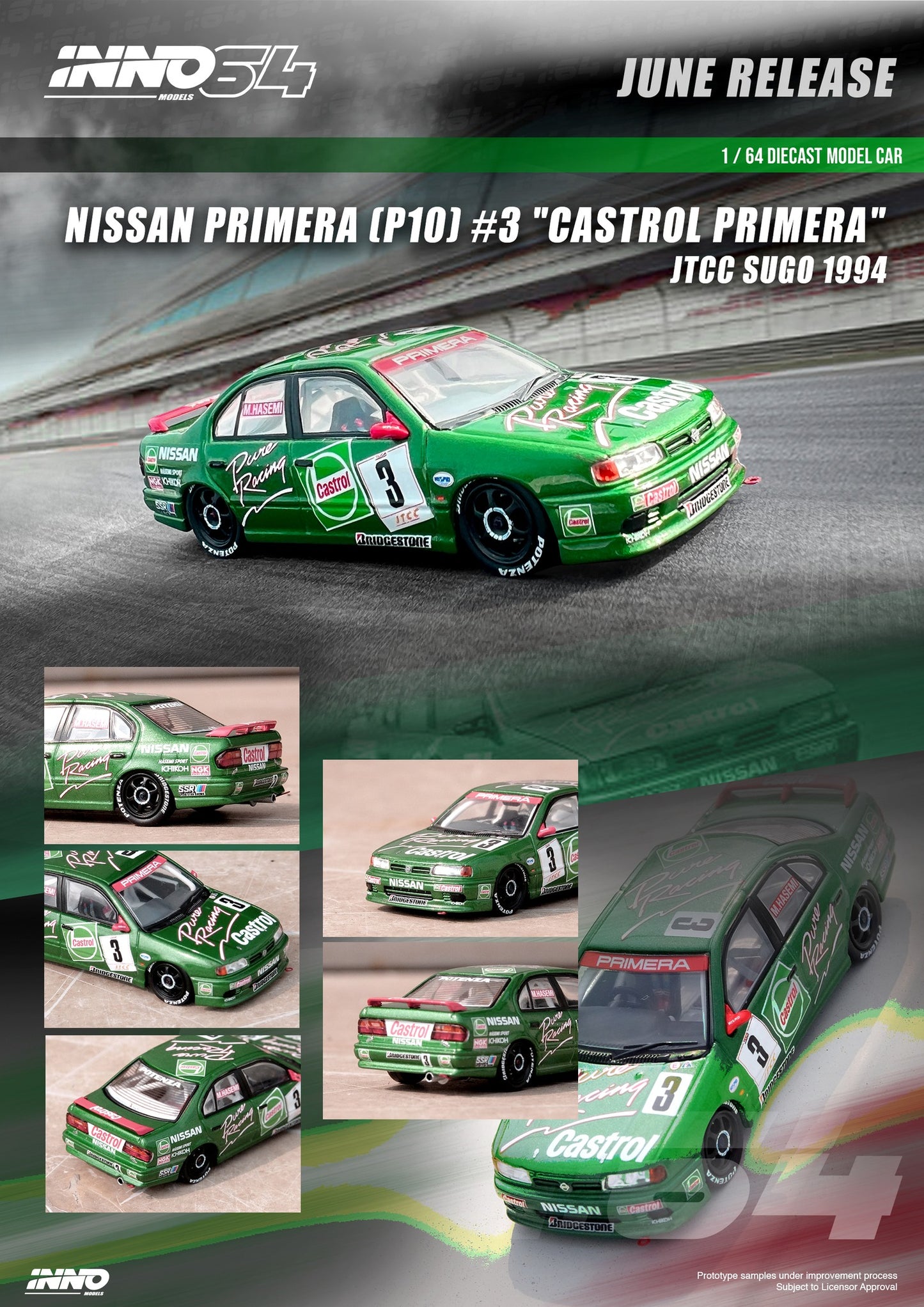 INNO64 - 1994 Nissan Primera (P10) #3 Castrol Primera JTCC Sugo, green - 1:64 - IN64-P10-CA3