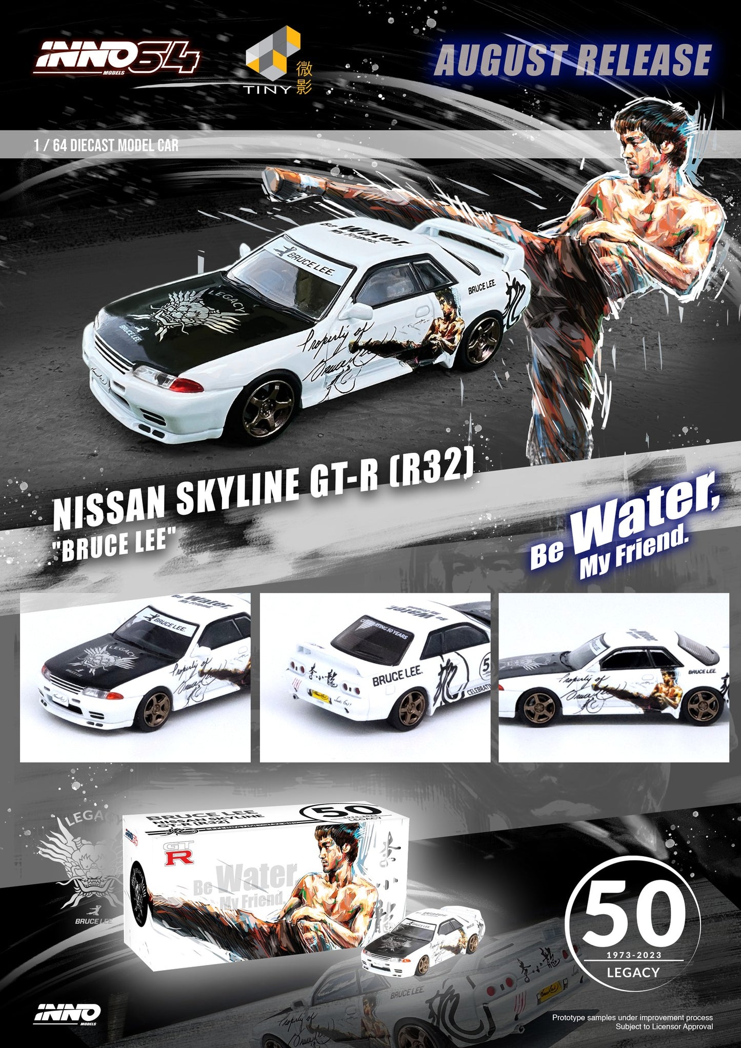 INNO64 - Nissan Skyline GTS-R R32 *Bruce Lee 50th Anniversary*, white/black - 1:64 - IN64-R32BRUCELEE-W