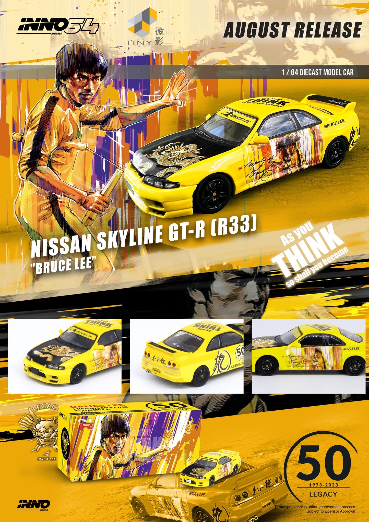 INNO64 - Nissan Skyline GTS-R R33 *Bruce Lee 50th Anniversary*, yellow/black - 1:64 - IN64-R33BRUCELEE-Y