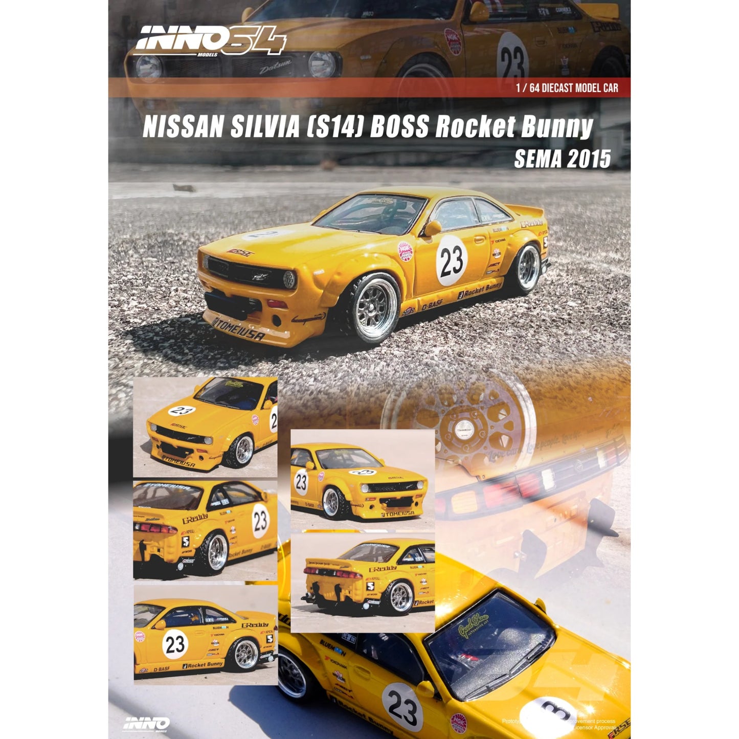 INNO64 - 2015 Nissan Silvia (S14) Boss *Rocket Bunny* Sema, yellow - 1:64 - IN64-S14B-RB15