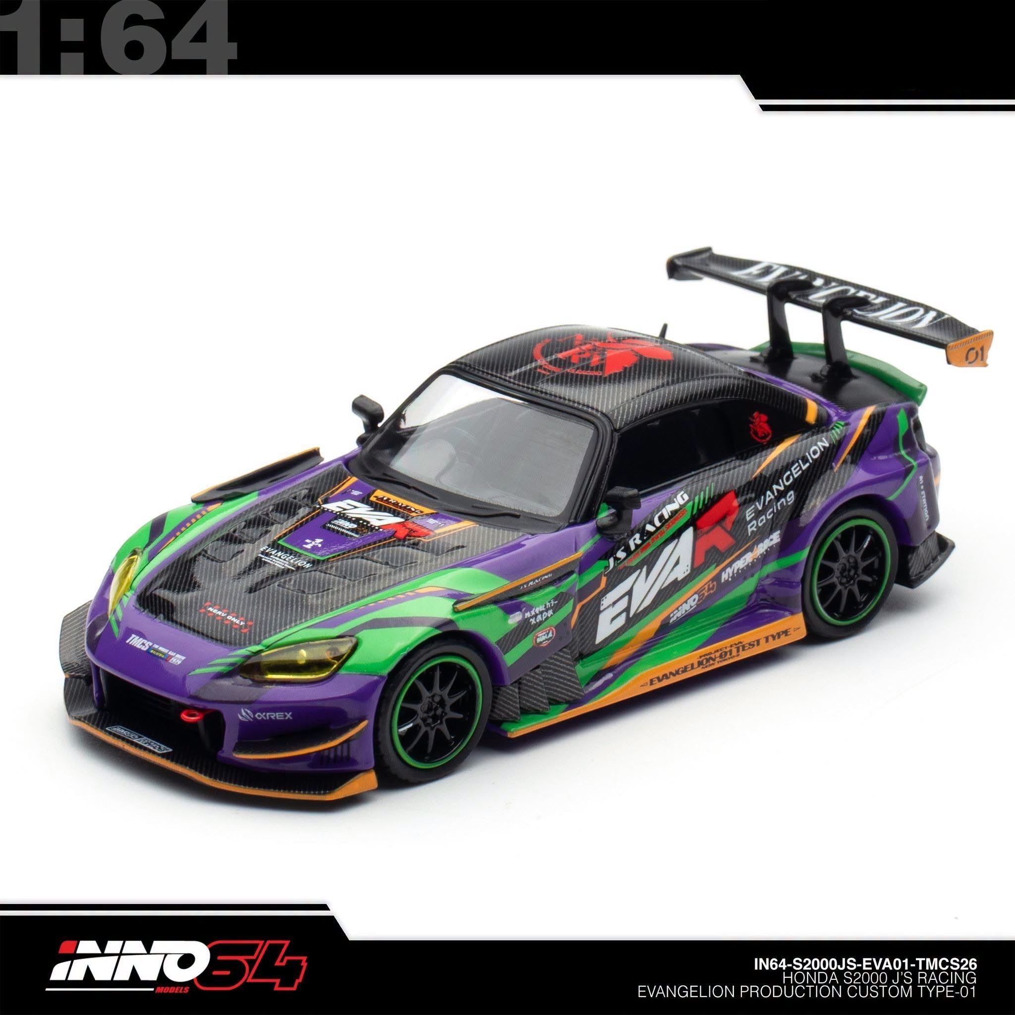 INNO64 - Pre-Order - Honda S2000 J'S Racing Evangelion Production Custom Type-01 - TMCS2026 Event Edition - IN64-S2000JS-EVA01-TMCS26