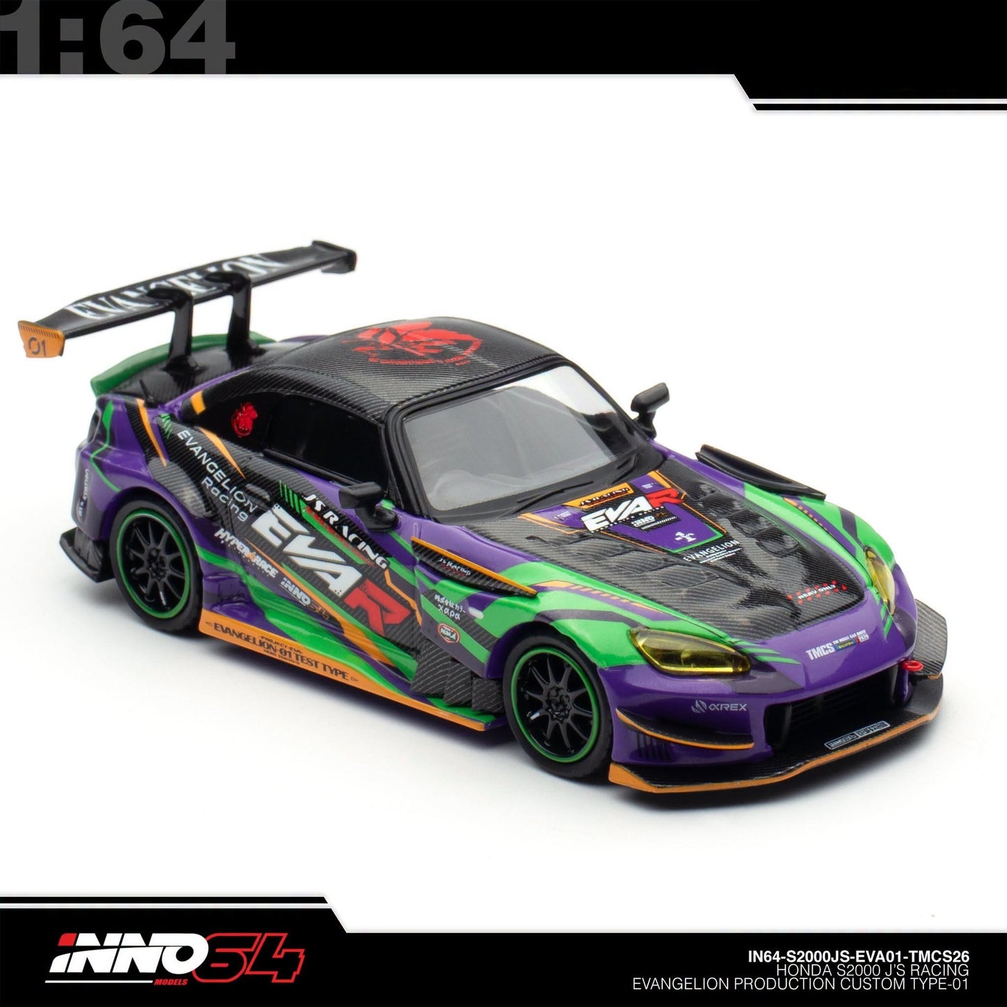 INNO64 - Pre-Order - Honda S2000 J'S Racing Evangelion Production Custom Type-01 - TMCS2026 Event Edition - IN64-S2000JS-EVA01-TMCS26