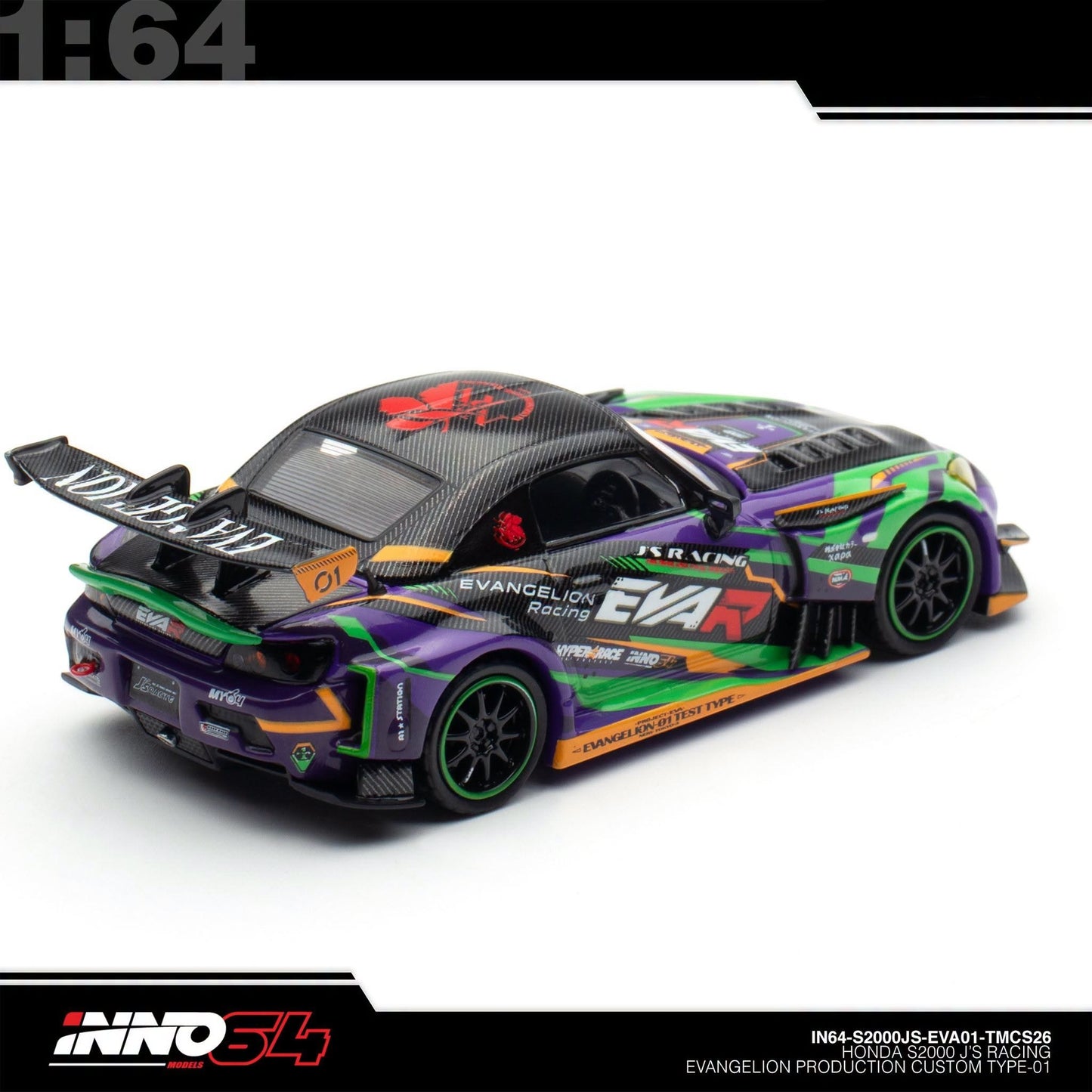 INNO64 - Pre-Order - Honda S2000 J'S Racing Evangelion Production Custom Type-01 - TMCS2026 Event Edition - IN64-S2000JS-EVA01-TMCS26