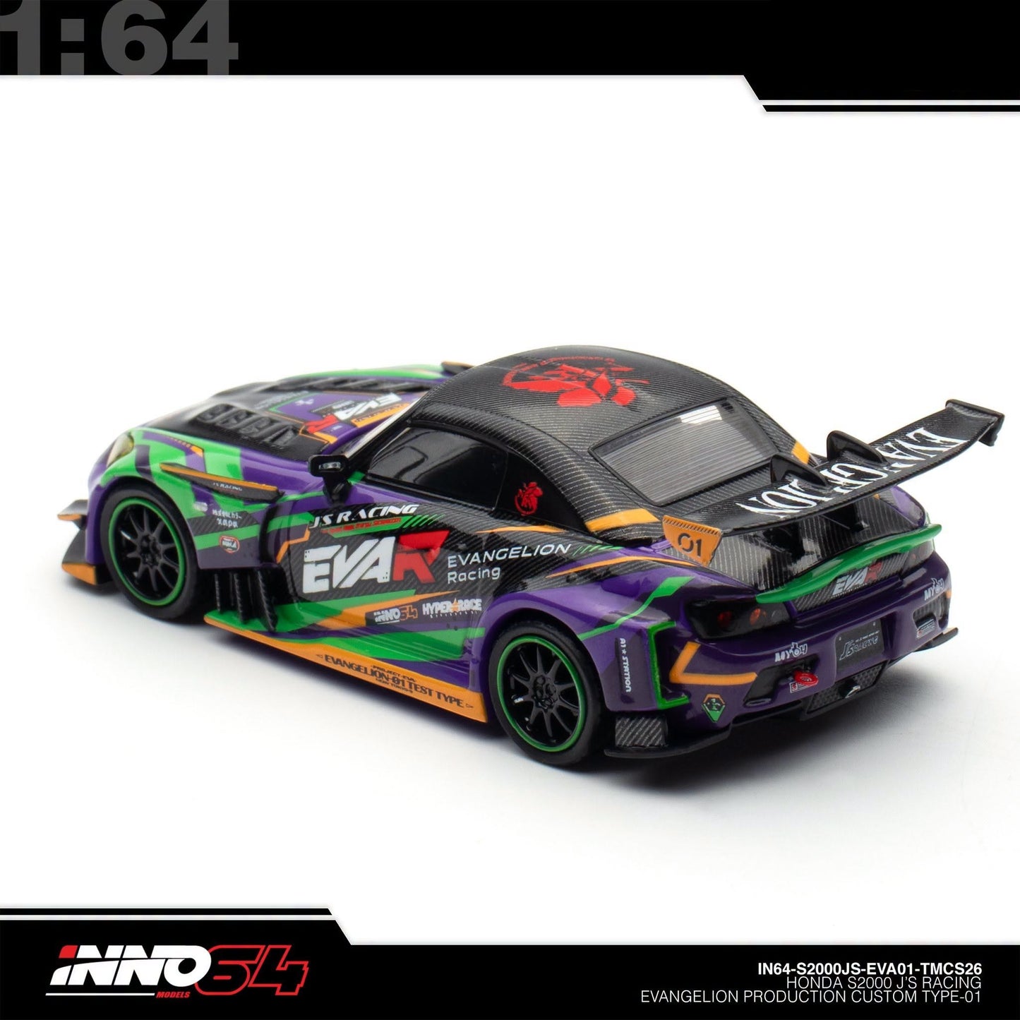 INNO64 - Pre-Order - Honda S2000 J'S Racing Evangelion Production Custom Type-01 - TMCS2026 Event Edition - IN64-S2000JS-EVA01-TMCS26
