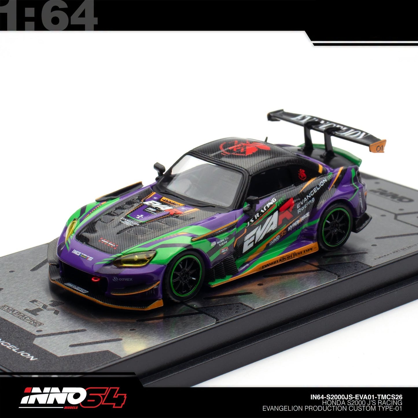 INNO64 - Pre-Order - Honda S2000 J'S Racing Evangelion Production Custom Type-01 - TMCS2026 Event Edition - IN64-S2000JS-EVA01-TMCS26