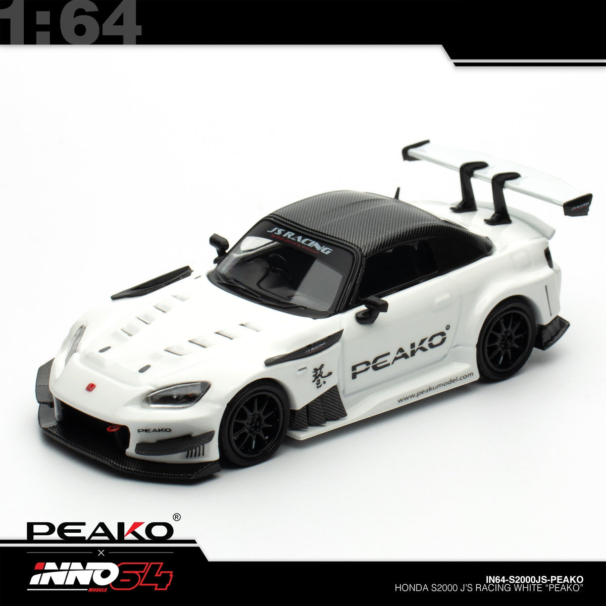 INNO64 - Pre-Order - Honda S2000 J'S Racing, White "PEAKO" - IN64-S2000JS-PEAKO