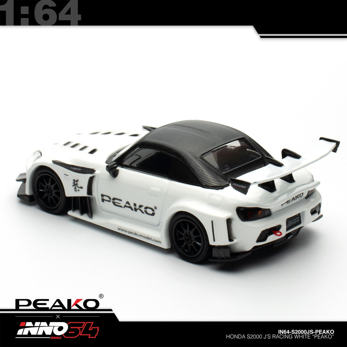 INNO64 - Pre-Order - Honda S2000 J'S Racing, White "PEAKO" - IN64-S2000JS-PEAKO