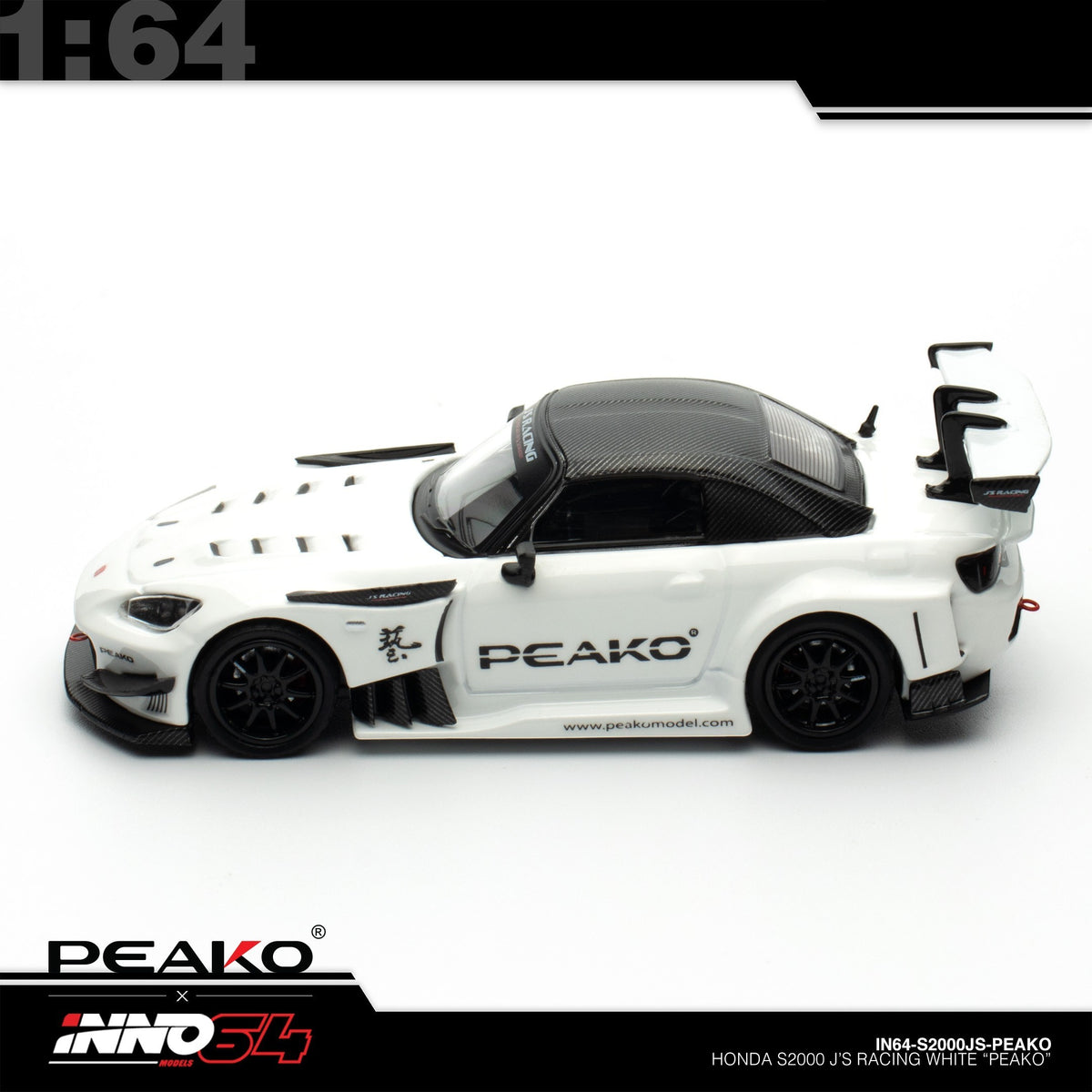 INNO64 - Pre-Order - Honda S2000 J'S Racing, White "PEAKO" - IN64-S2000JS-PEAKO
