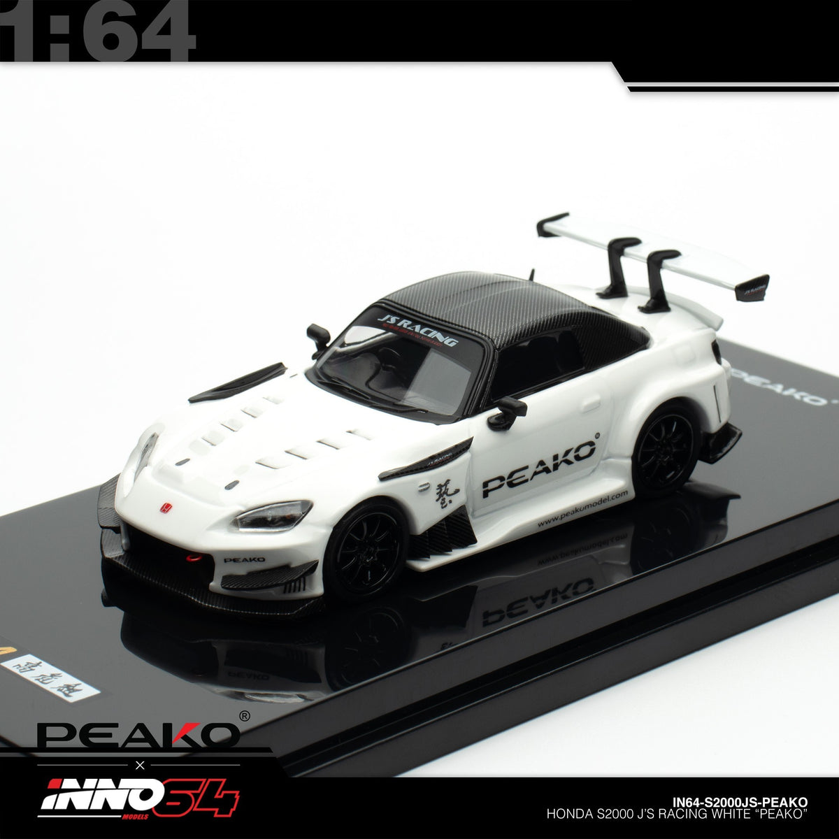 INNO64 - Pre-Order - Honda S2000 J'S Racing, White "PEAKO" - IN64-S2000JS-PEAKO