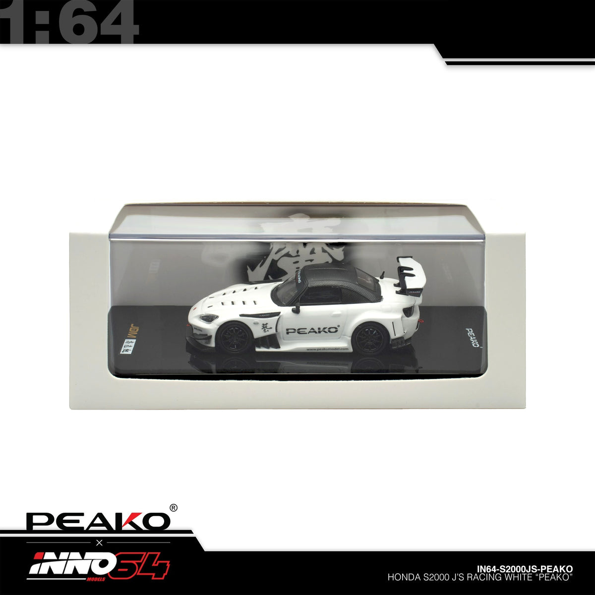 INNO64 - Pre-Order - Honda S2000 J'S Racing, White "PEAKO" - IN64-S2000JS-PEAKO