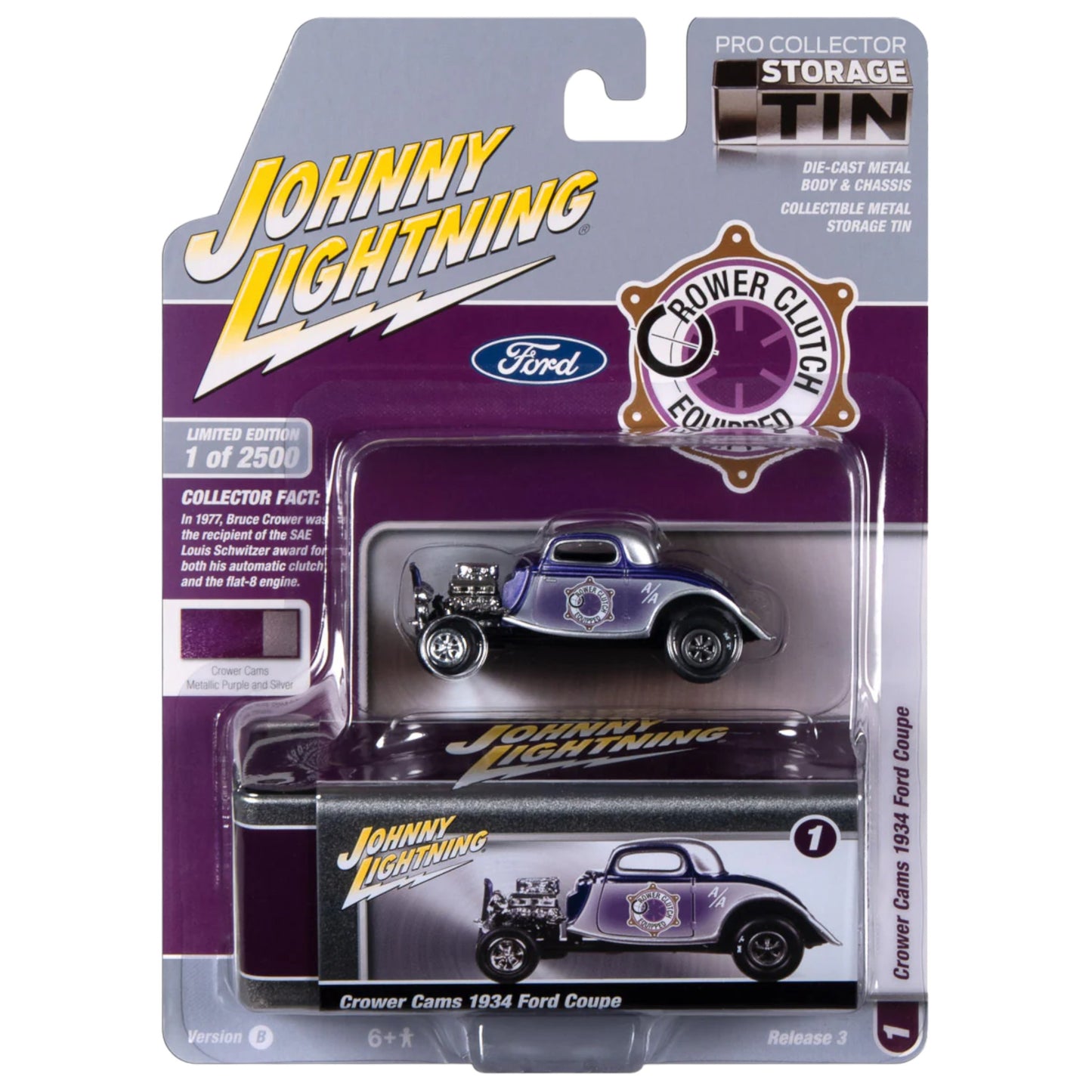 Johnny Lightning - 1934 Ford Coupe Crower Cams (Purple & Silver) - with Collector Tin