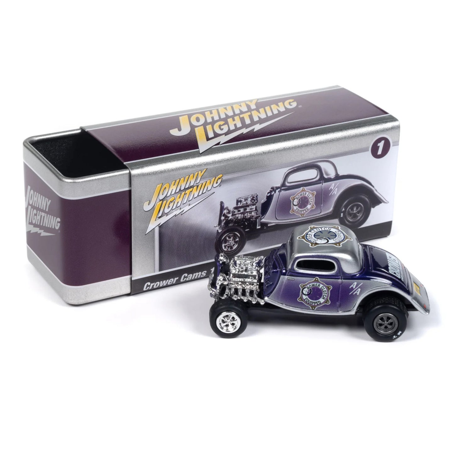 Johnny Lightning - 1934 Ford Coupe Crower Cams (Purple & Silver) - with Collector Tin