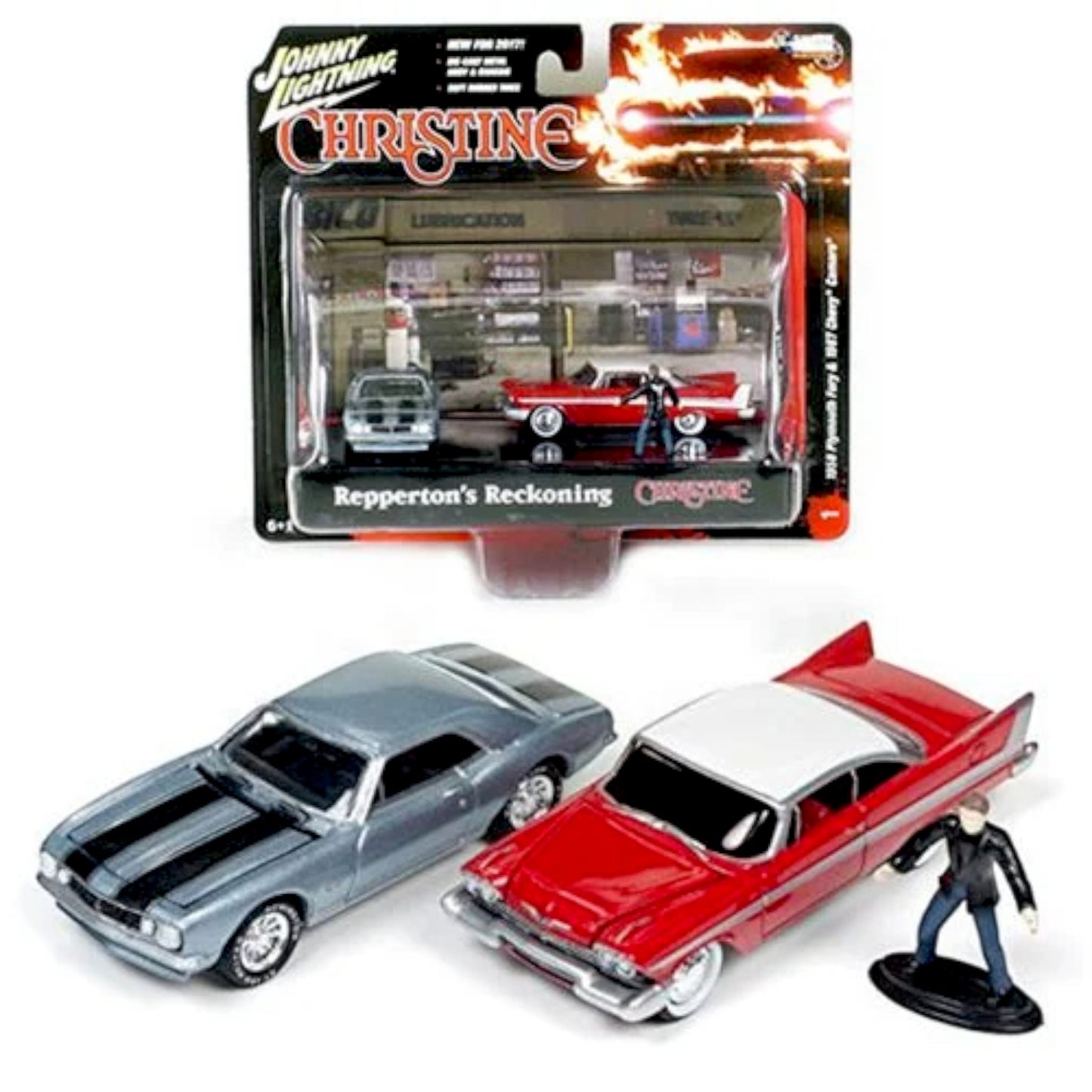 Johnny Lightning - Christine - Plymouth Fury &  Chevrolet Camaro - Diorama - JLCP7042