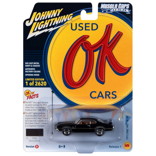 Johnny Lightning -  1972 Oldsmobile 442 W30, black with gold hood & side stripes - JLSP339B