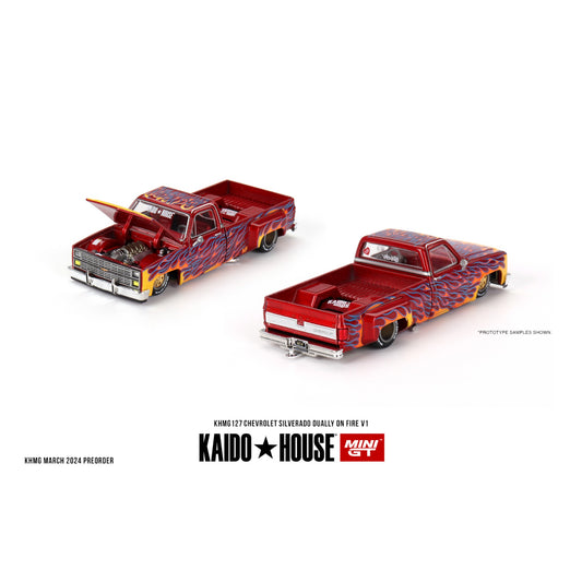 Mini GT Kaido House - 1980 Chevrolet Silverado Dually on Fire V1, red - KHMG127 - 1:64