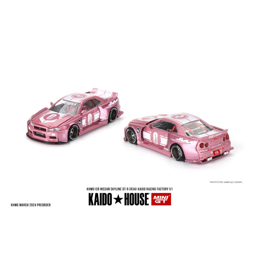 Mini GT Kaido House - 1999 Nissan Skyline GT-R (R34) Kaido Racing Factory V1, pink - KHMG128 - 1:64