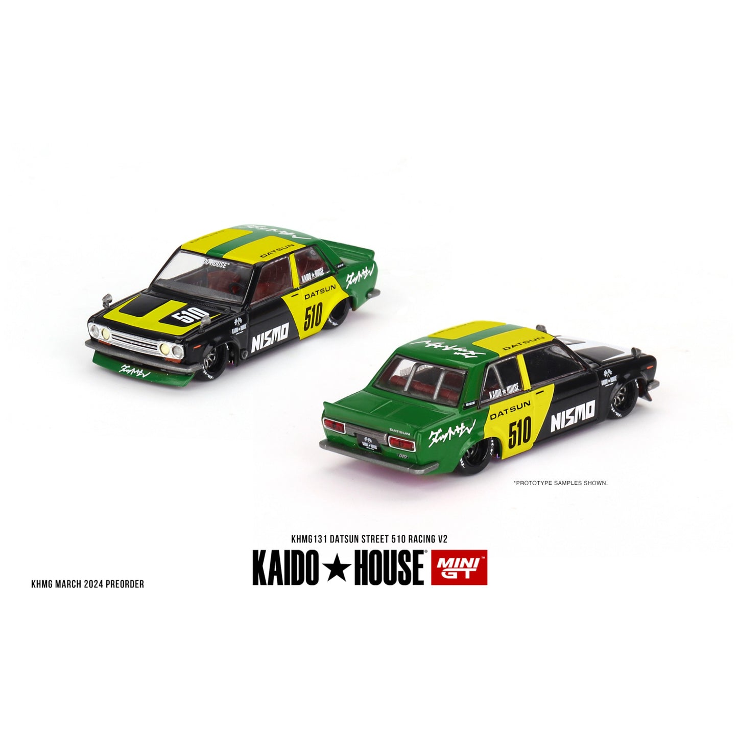 Mini GT Kaido House - 1969 Datsun 510 Street Racing V2, black/yellow/green - KHMG131 - 1:64