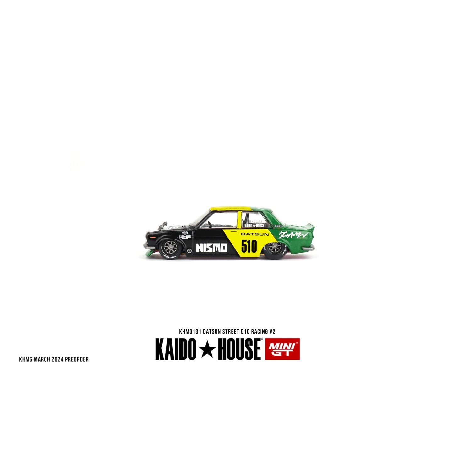 Mini GT Kaido House - 1969 Datsun 510 Street Racing V2, black/yellow/green - KHMG131 - 1:64