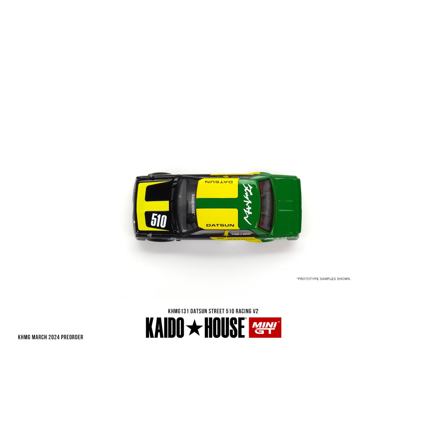 Mini GT Kaido House - 1969 Datsun 510 Street Racing V2, black/yellow/green - KHMG131 - 1:64