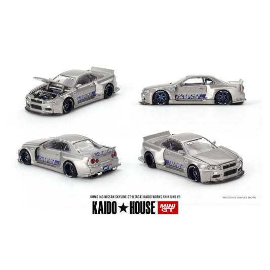 Mini GT Kaido House - Nissan Skyline GT-R (R34) Kaido Works Shinjuku V1 - KHMG143 - 1:64