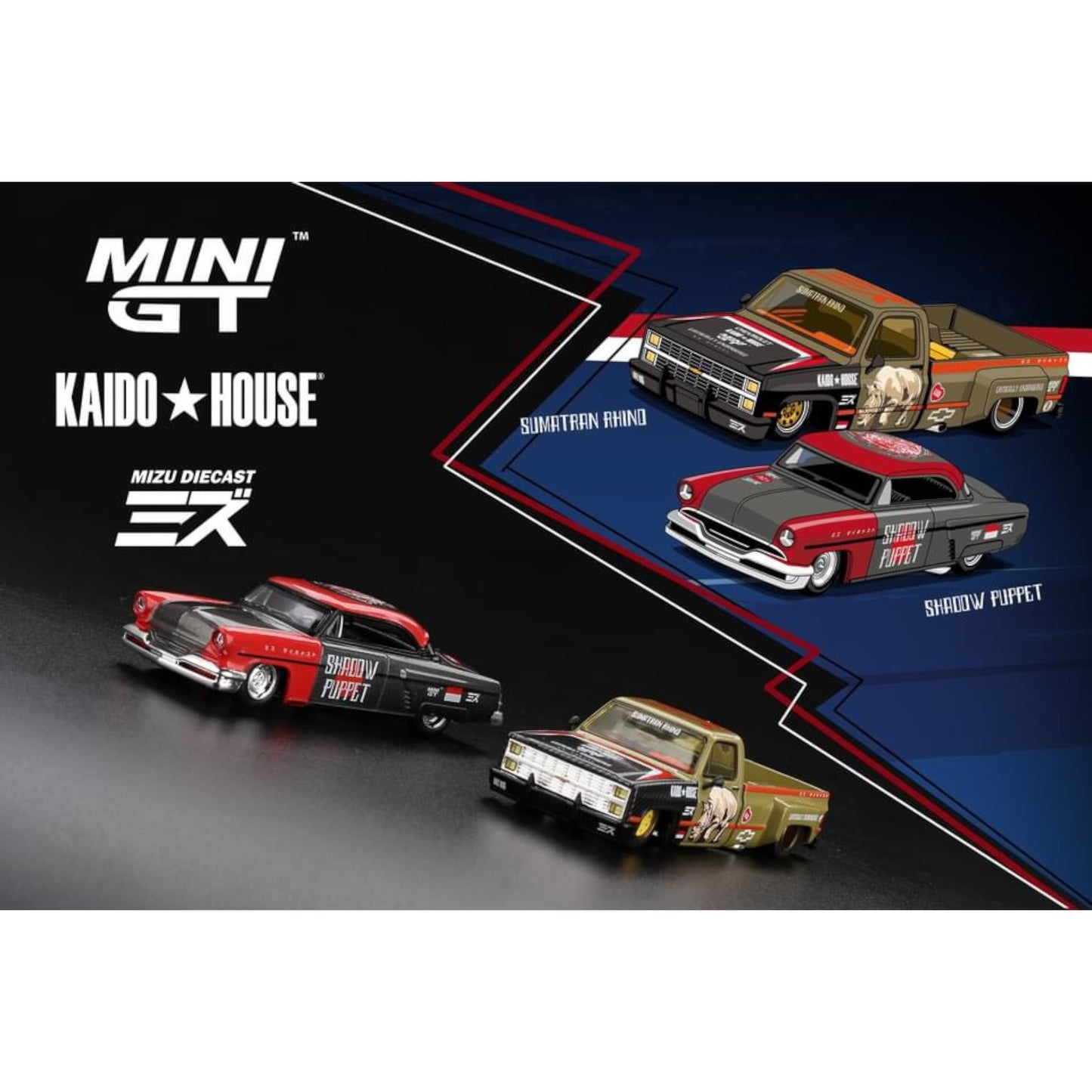 Mini GT X Mizu - Pre-Order - 1954 Lincoln Capri Hot Rod Shadow Puppet, black/red - MGT00874