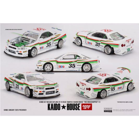 Mini GT Kaido House - Pre-Order - Nissan Skyline GT-R (R34) TAMIYA x KAIDO HOUSE "The GRASSHOPPER" V1 - KHMG167